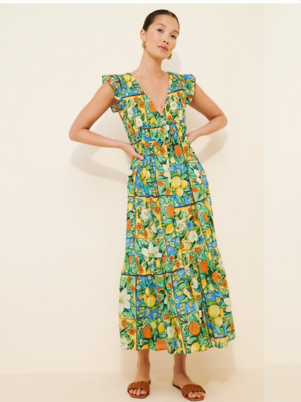 Anthropologie Floral Citrus Maxi Dress in Green, Yellow, Orange, Blue